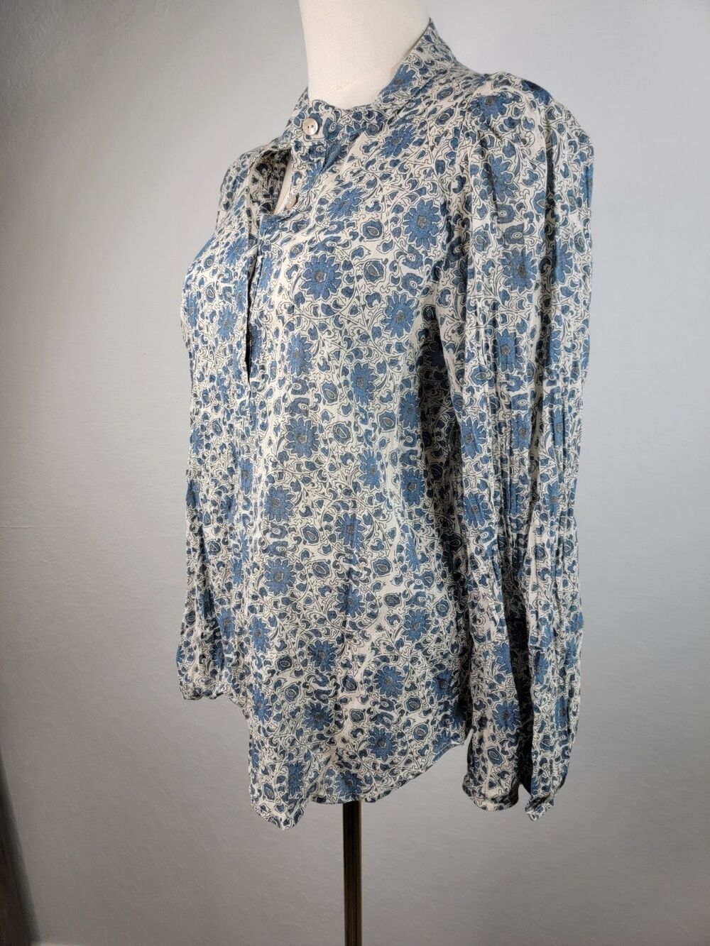 Pietsie Atlin Boho Blouse Top Womens size M 100% Cotton Blue Floral Band Collar - Picture 3 of 17